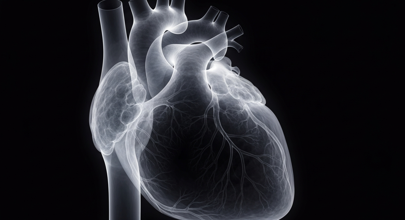 A highly detailed, translucent X-ray photograph of a human heart, revealing the organ's complex internal structures in a ghostly, glowing manner against a dark background.