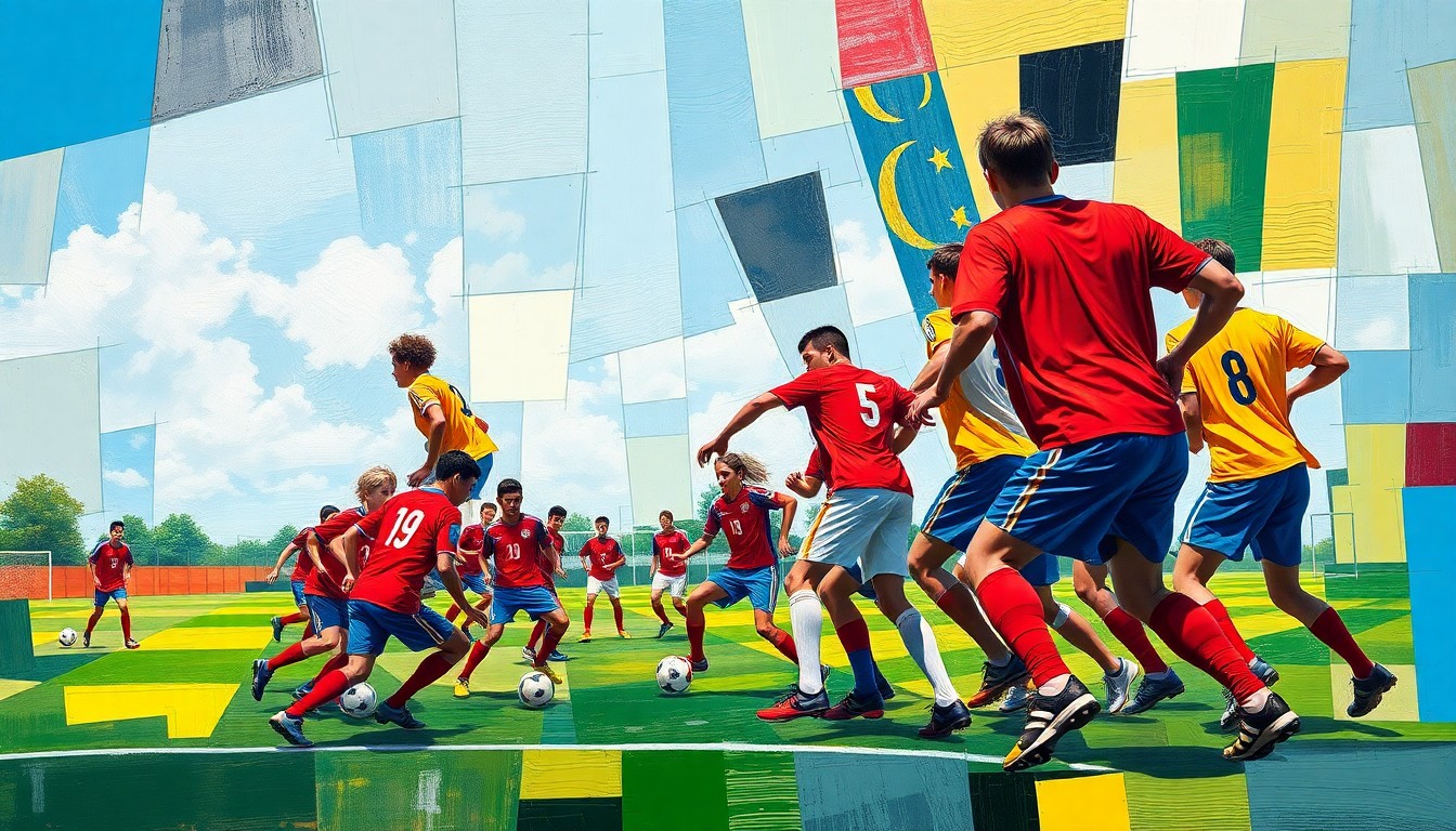 A fragmented, geometric painting depicting the dynamic movements and competitive spirit of a high school soccer game, with sharp planes of color representing the players, field, and overall intensity of the match.
