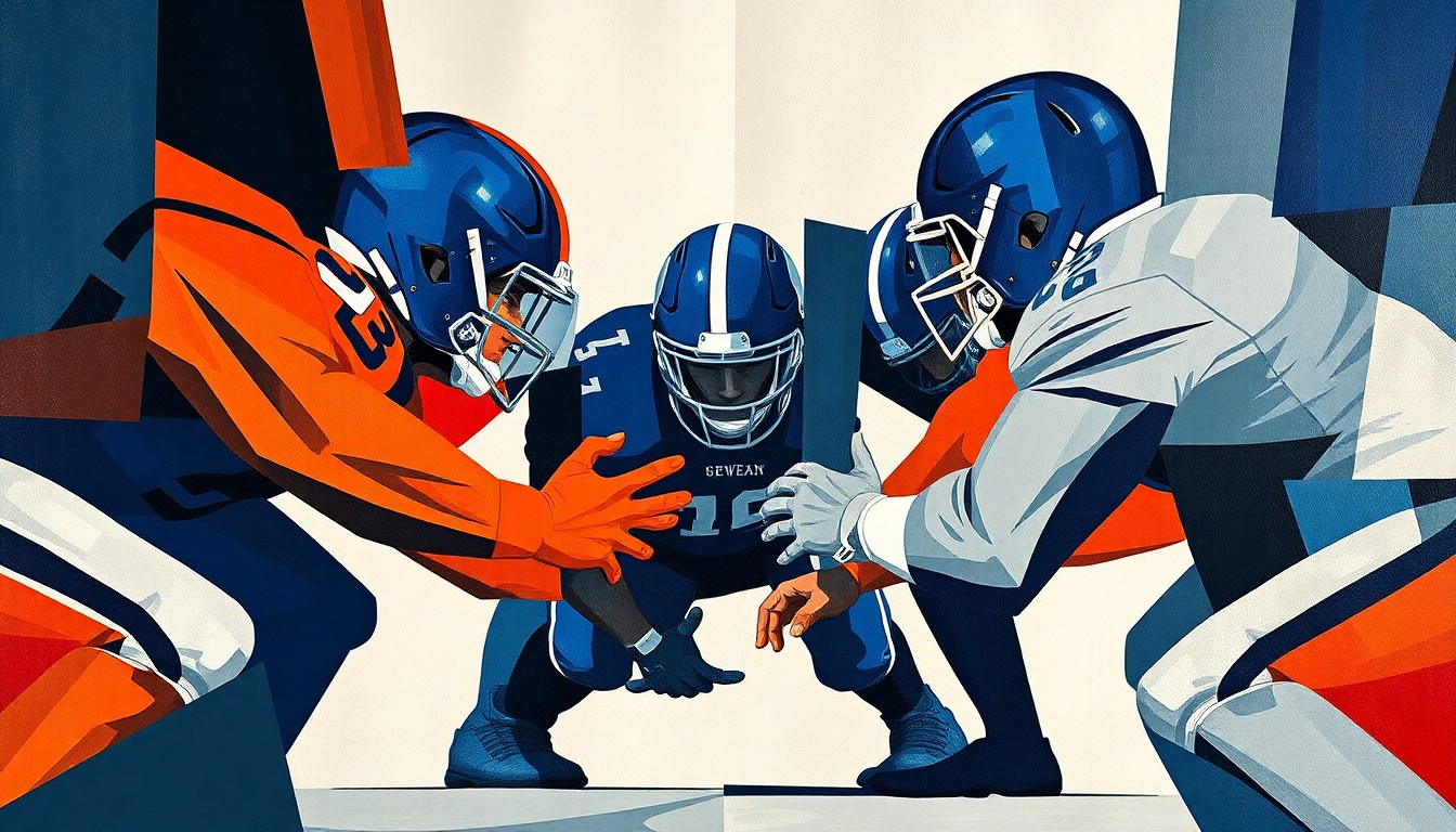 A fragmented, geometric painting depicting an offensive line and quarterback in a cubist style, with sharp, overlapping planes of navy blue, burnt orange, and steel grey, conveying the conceptual idea of improved protection for the Bears' offense.
