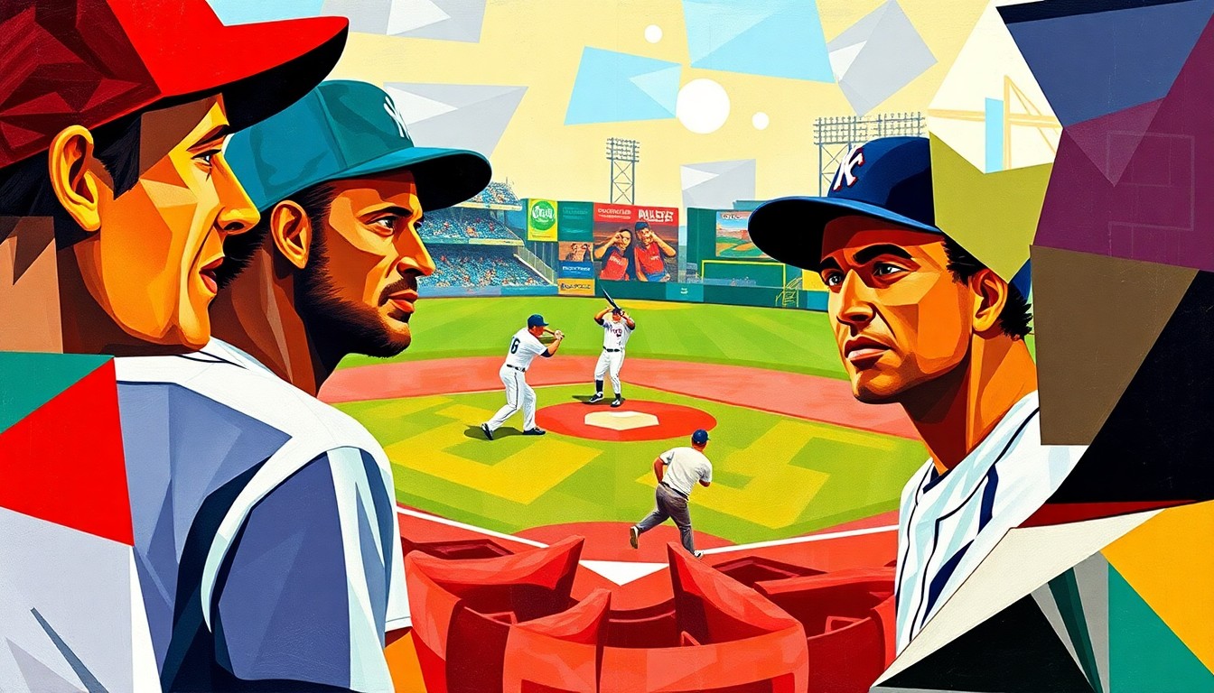 A cubist-style painting depicting a baseball infield scene, with the players' forms broken down into sharp, overlapping geometric shapes in a vibrant color palette, capturing the dynamic energy of the game.