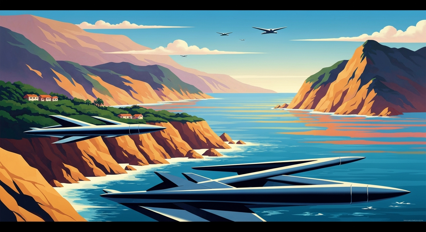 A highly stylized, geometric illustration depicting the grand scale and sweeping vistas of the Pacific Coast, with towering cliffs, crashing waves, and a sense of adventure and exploration.
