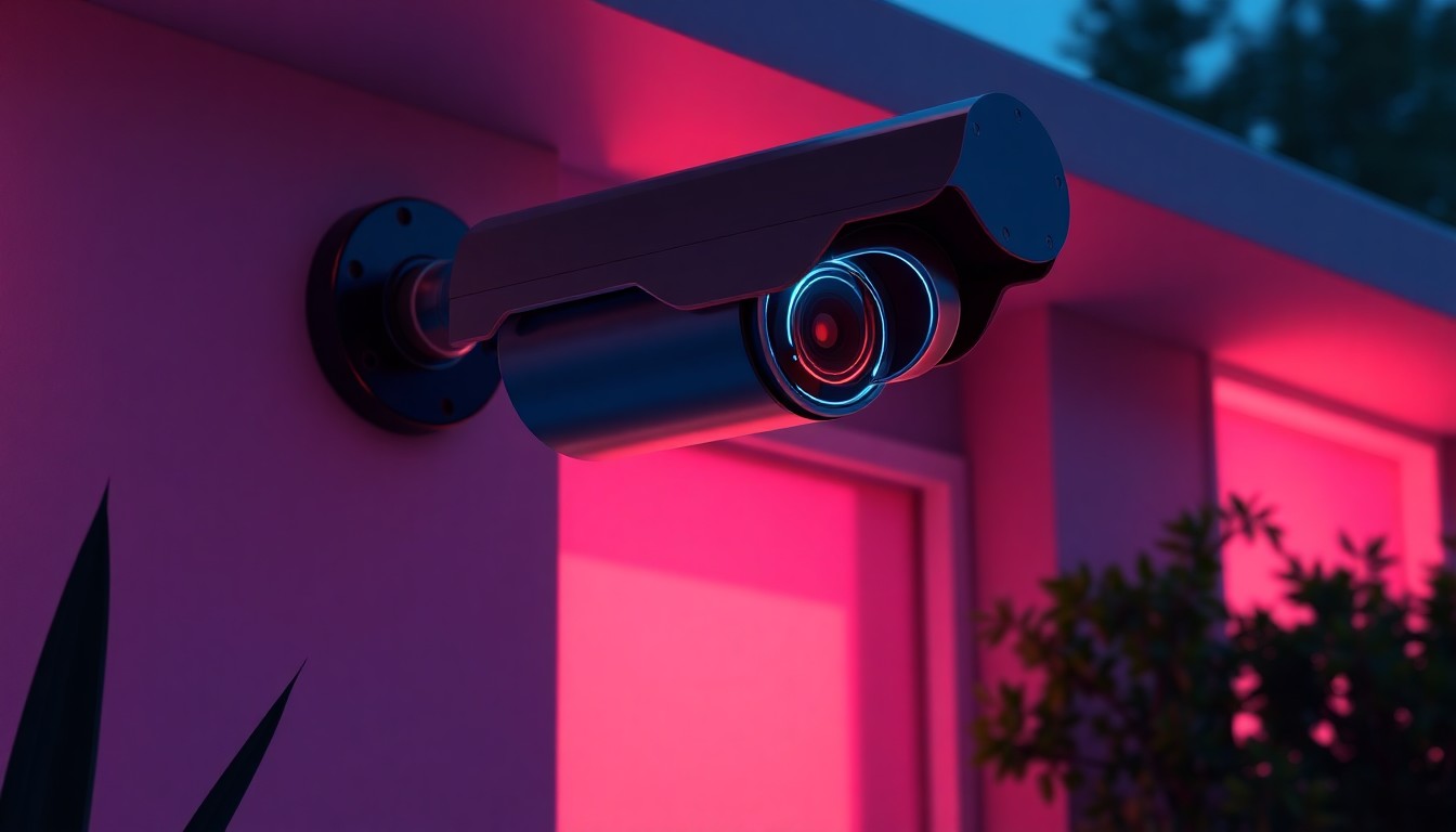A highly detailed, glowing 3D illustration of a futuristic, neon-lit security camera mounted on the exterior of a sleek, modern home, conceptually representing the intersection of technology, privacy, and potential threats in the AI industry.