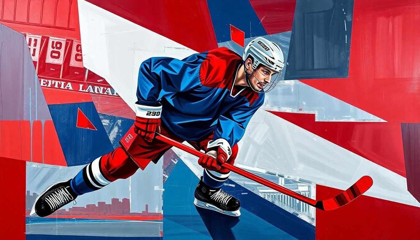 A cubist, geometric painting depicting a hockey player in motion, with sharp, overlapping planes of navy blue, crimson red, and metallic silver, capturing the dynamic energy of the sport.
