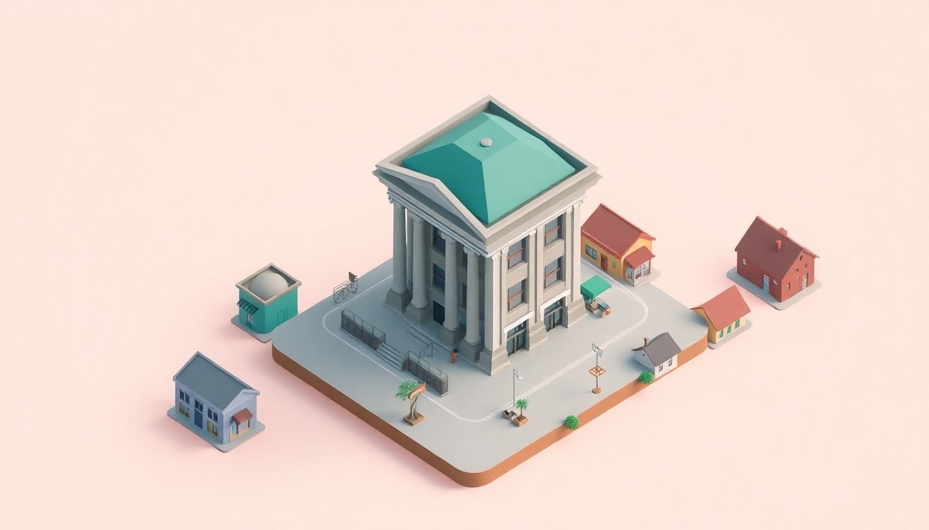 A miniature, stylized 3D illustration depicting a central bank building surrounded by smaller retail shops, offices, and residential buildings, all rendered in bold, pastel colors and smooth textures to conceptually represent the thriving community supported by Citizens Trust Bank over the past century.