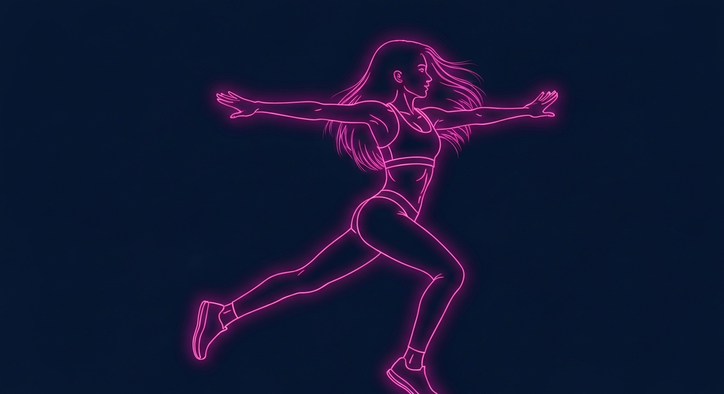 A minimalist design in the style of Keith Haring, where the outline of a person doing jumping jacks is defined by glowing, vibrant neon lines against a deep, dark background, emphasizing the shape and electricity of morning exercise.