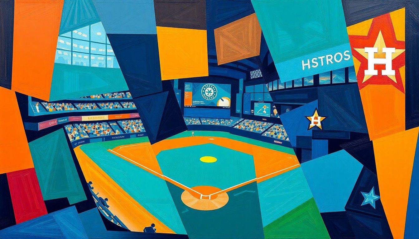A cubist, geometric painting depicting a baseball game between the Seattle Mariners and Houston Astros, with sharp, overlapping planes of teal, navy blue, orange, and other vibrant colors.