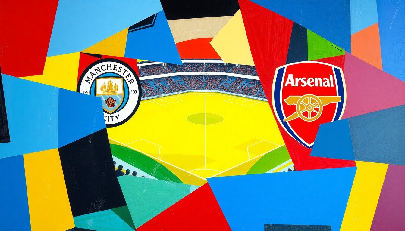 A fractured, multi-perspective painting in bold, geometric shapes and vibrant colors, representing the intense Premier League match between Manchester City and Arsenal.