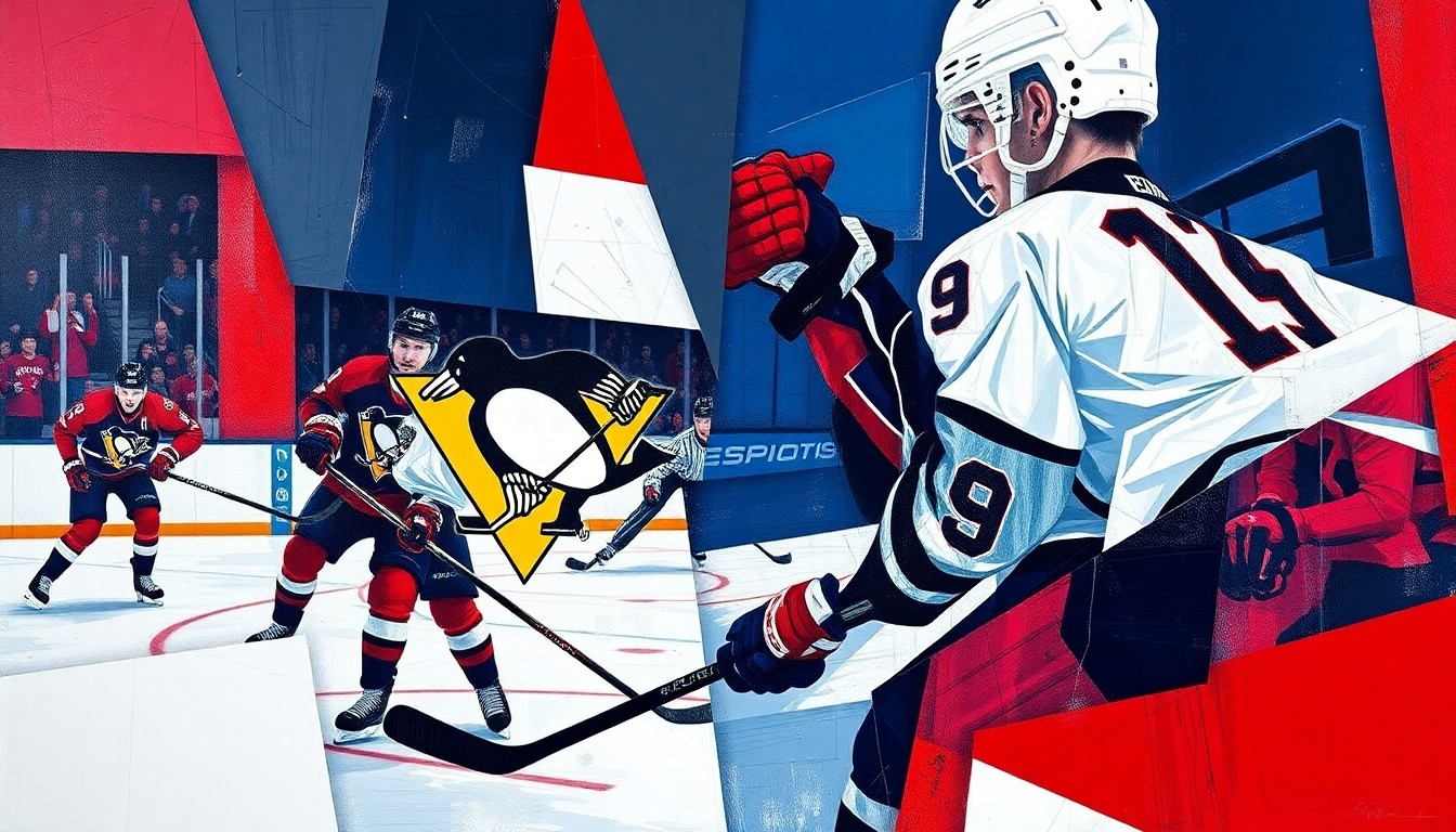 A fractured, cubist-style painting depicting the abstract forms of hockey players in a game between the Pittsburgh Penguins and Washington Capitals, with sharp geometric shapes in navy, red, and white representing the intense action on the ice.