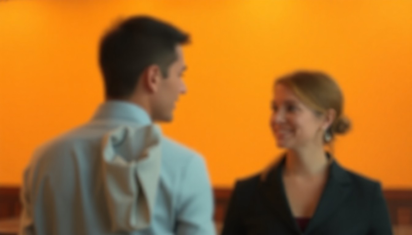 A softly blurred, abstract photograph in warm, muted tones depicting two people in conversation, their faces obscured but body language suggesting a thoughtful, respectful dialogue.