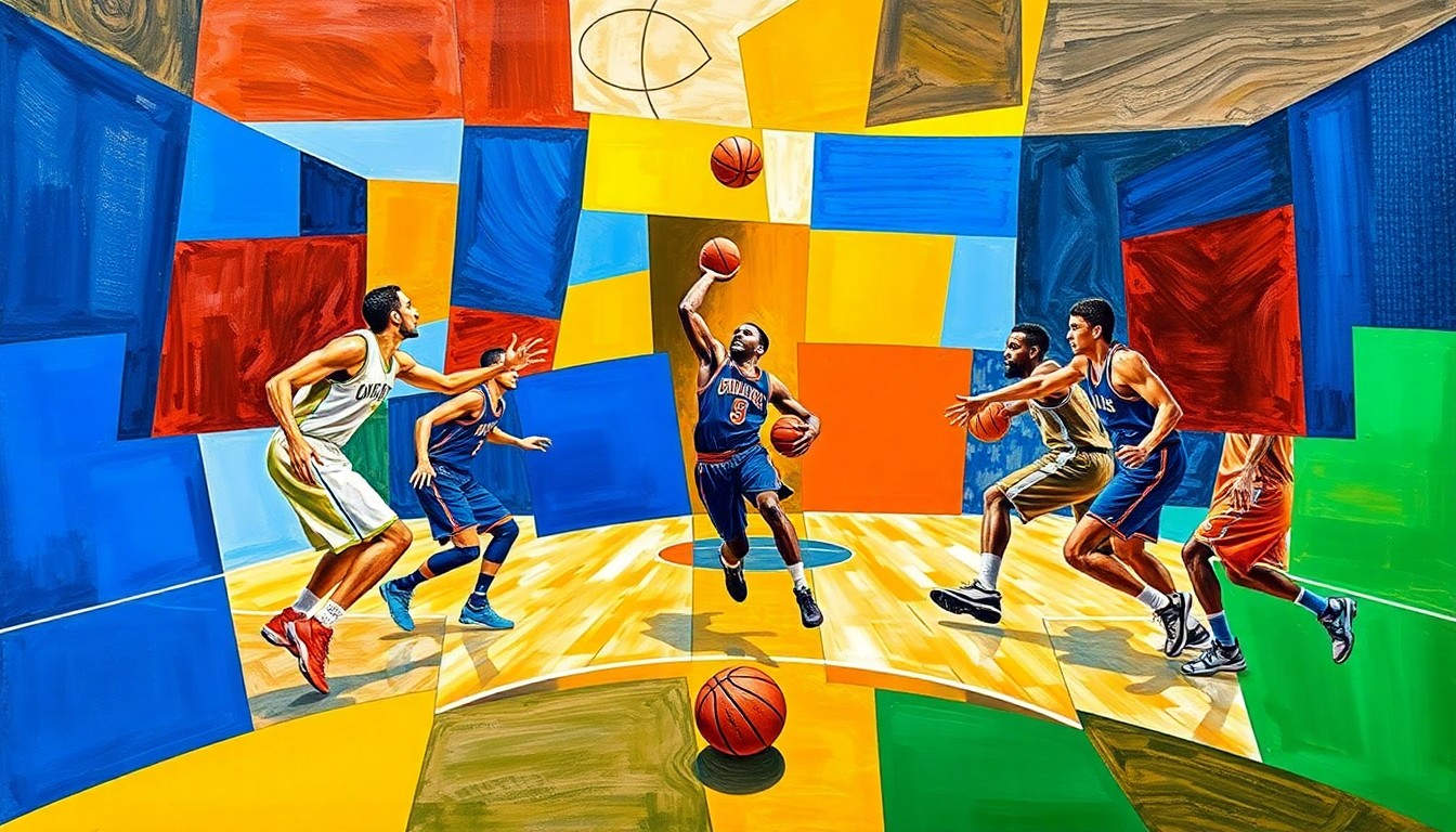 A fractured, cubist-style painting depicting a basketball game or match, with the players' figures and the court broken down into sharp, overlapping geometric shapes and planes of vibrant blue, orange, and green colors.