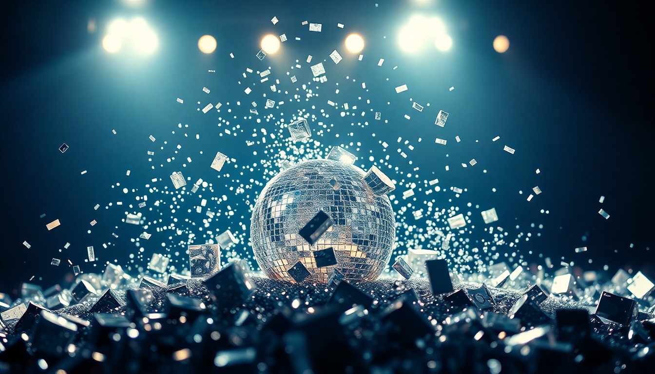 An abstract close-up photograph featuring the dramatic, high-contrast textures of shattered glass and glittering reflections, conceptually representing the excitement and spectacle of a major music festival performance.