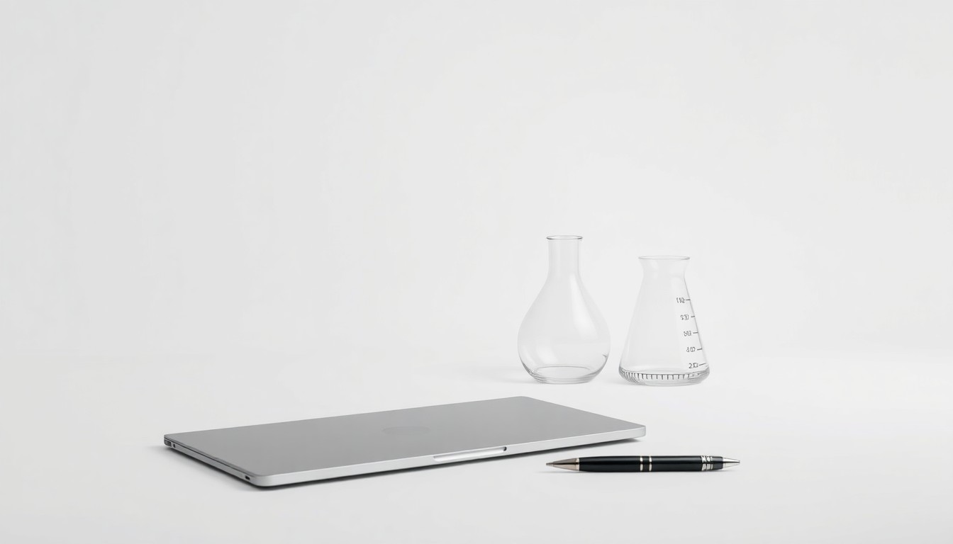 A high-end, photorealistic studio still-life photograph featuring a clean, monochromatic background with a few polished, premium-looking objects arranged elegantly, conceptually representing Prothena's corporate strategy and technology.