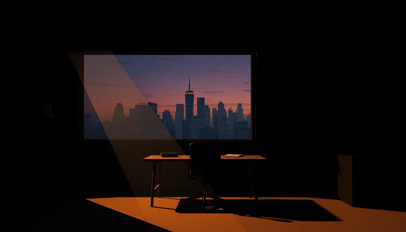A dimly lit, cinematic office space with a lone desk, chair, and window overlooking a city skyline at dusk, bathed in warm, diagonal sunlight and deep shadows, creating a pensive, contemplative mood.