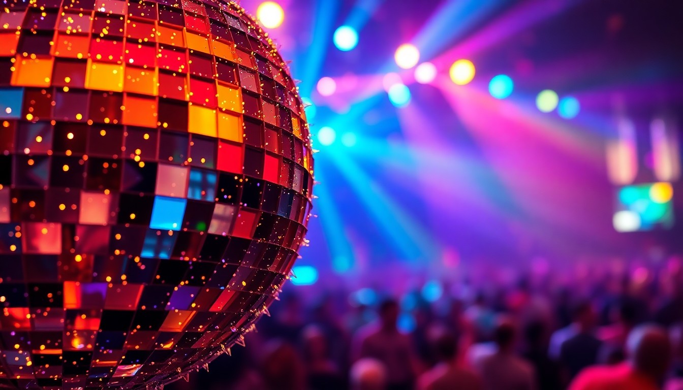 An abstract close-up photograph of shattered disco ball fragments reflecting colorful stage lights, capturing the high-energy, glamorous atmosphere of a major music festival.