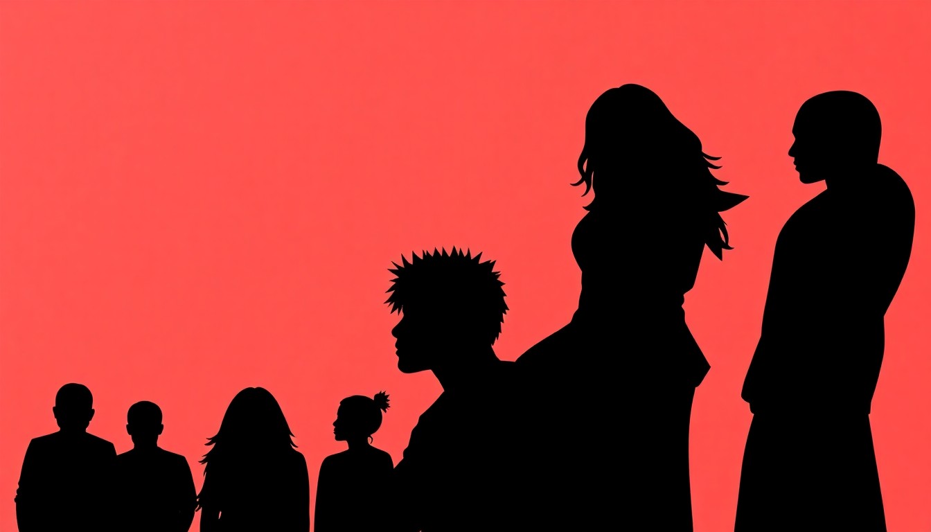 An abstract, minimalist illustration featuring stark, jagged geometric shapes in vibrant red and black, representing the drama and tension within a group of reality TV personalities as they navigate the challenges of fame and competition.