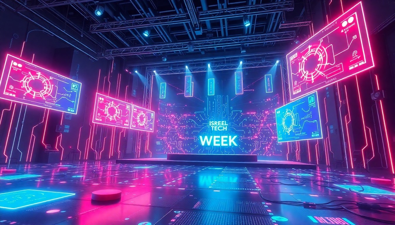 A highly detailed, glowing 3D illustration of a futuristic tech conference stage with pulsing circuit boards, luminescent cables, and floating holographic displays, conveying the energy and innovation of the Israel Tech Week event.
