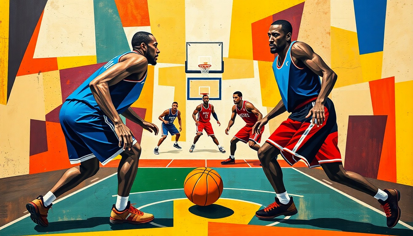 A cubist, geometric painting depicting a basketball game in progress, with the players' forms broken down into sharp, overlapping shapes and planes of vibrant colors, capturing the energy and intensity of the competition.