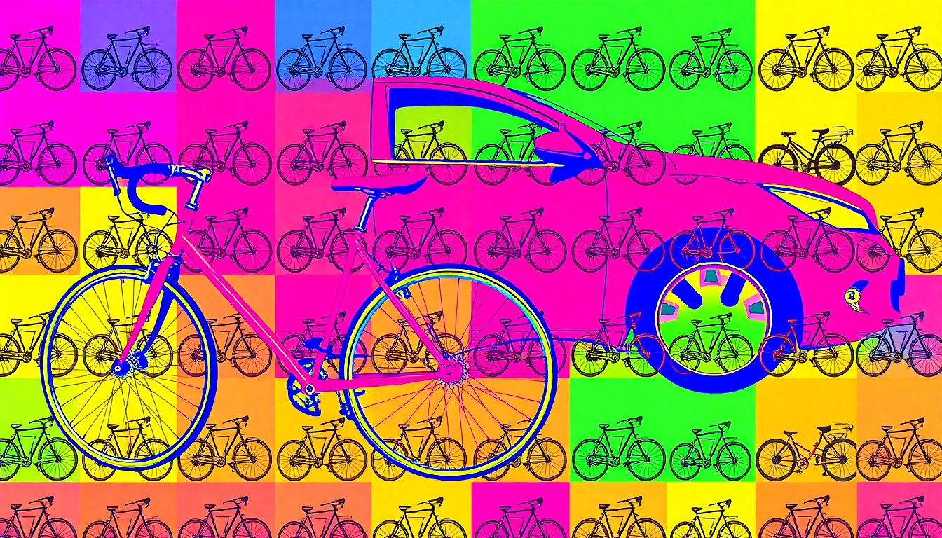 A vibrant, high-contrast silkscreen print featuring a bicycle and a car repeated in a grid pattern, using flat, neon colors and heavy black outlines to create a modern pop art representation of the tensions between cyclists and drivers on the road.