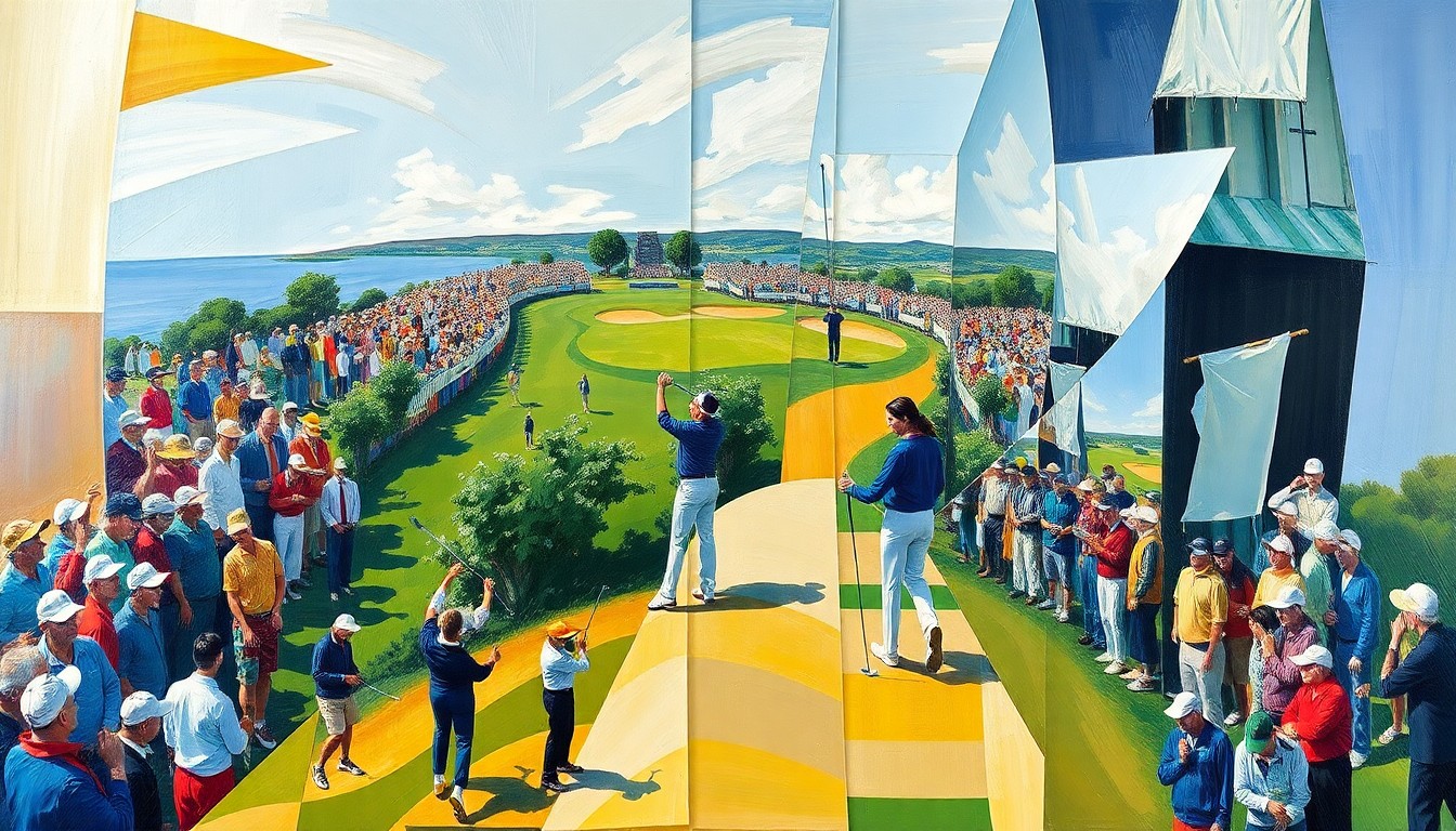 A cubist-style painting depicting a golf tournament, with players and the course rendered in sharp, overlapping geometric shapes that capture the dynamic energy and competitive spirit of the event.