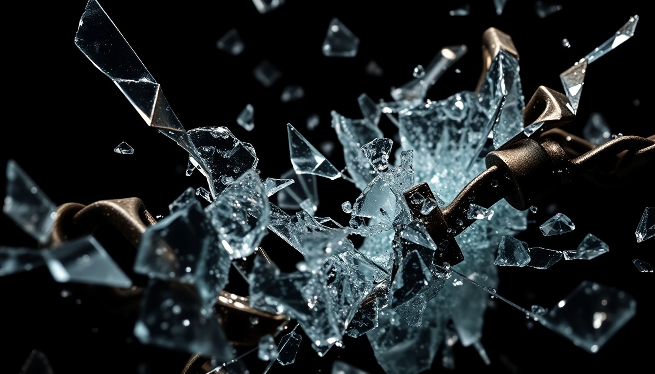 An abstract close-up image of shattered glass and twisted metal, captured in dramatic high-contrast lighting to evoke a sense of fragility and corruption.
