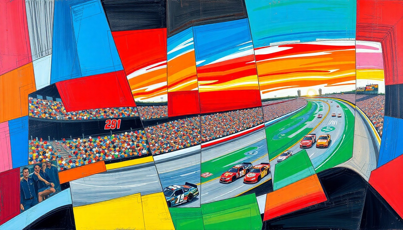 A fractured, multi-perspective painting in the style of Pablo Picasso, breaking a NASCAR race at the Nashville Fairgrounds Speedway down into sharp, overlapping geometric planes of red, blue, and green. The painting captures the raw energy and movement of the race, with the cars and track dissolving into abstract shapes and forms.