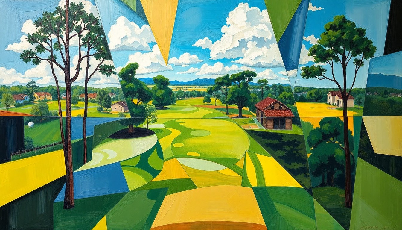 A cubist, geometric painting depicting a fractured, multi-perspective view of a golf course, with sharp, overlapping planes of color and form representing the complex issues surrounding the course closures and their impact on the local community.