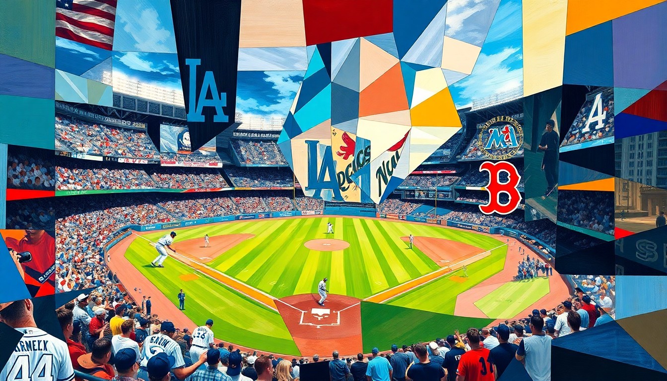 A cubist, geometric painting depicting a baseball game or match, with sharp, overlapping planes of color representing the Dodgers' and Red Sox's official team colors, creating a visually striking and conceptual illustration of the story's themes.