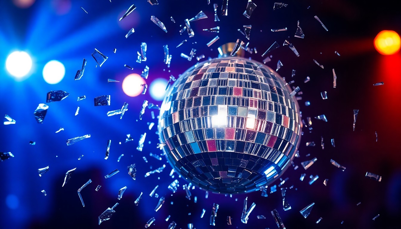 An abstract, high-contrast close-up image of shattered glass reflecting bright stage lights, creating a glitzy, glamorous visual metaphor for the energy and excitement of the Divided Sky Foundation benefit event.