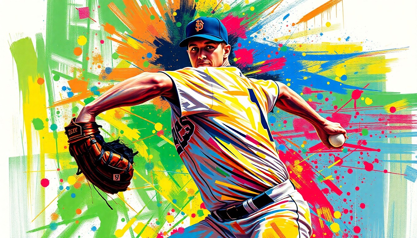 An extreme close-up of a baseball pitcher's torso and throwing arm, rendered in a vibrant, abstract expressionist style with rapid brushstrokes and neon colors, capturing the kinetic energy and intensity of the pitcher's motion.