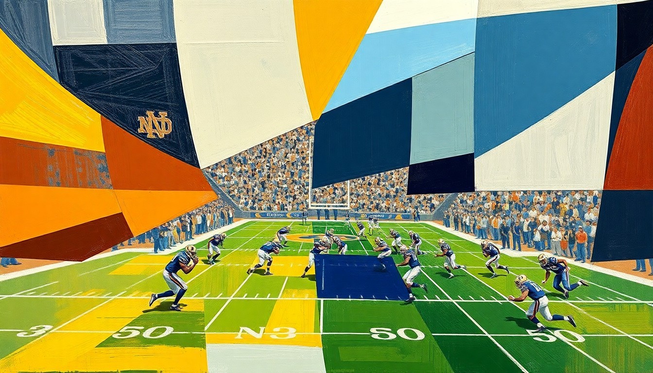 A cubist, geometric painting depicting a Notre Dame football game, with players and the field reduced to abstract shapes and colors in shades of green, gold, and blue.