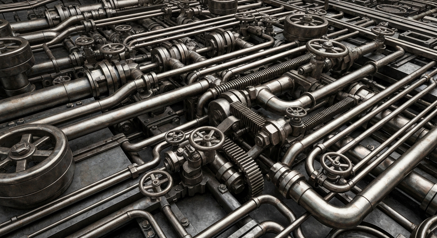 An extreme close-up of a complex network of industrial gears, pipes, and valves in shades of steel grey, bronze, and black, conceptually representing the intricate financial infrastructure and machinery that underpins global markets.