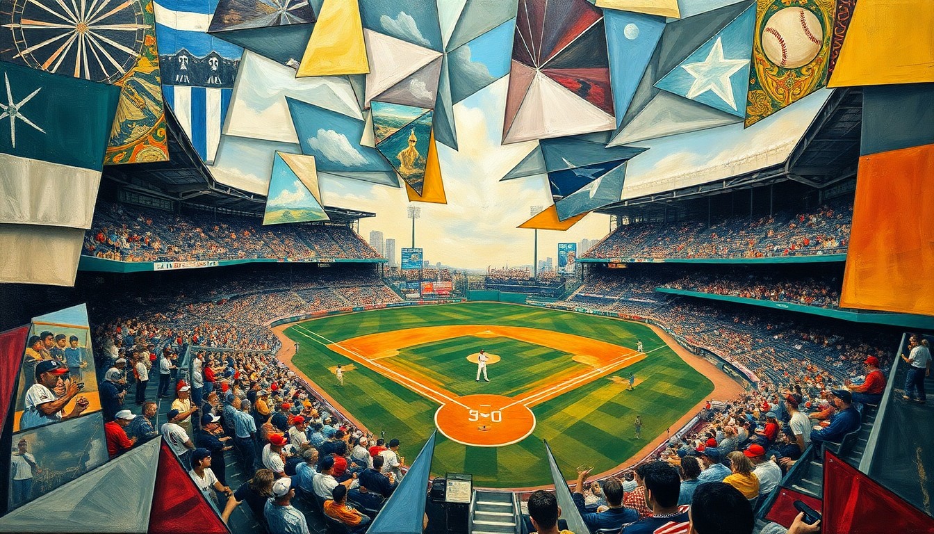 A cubist-style painting depicting a baseball game broken down into sharp, overlapping geometric shapes in shades of blue, representing the Toronto Blue Jays' offensive woes and the need for a new strategic approach.