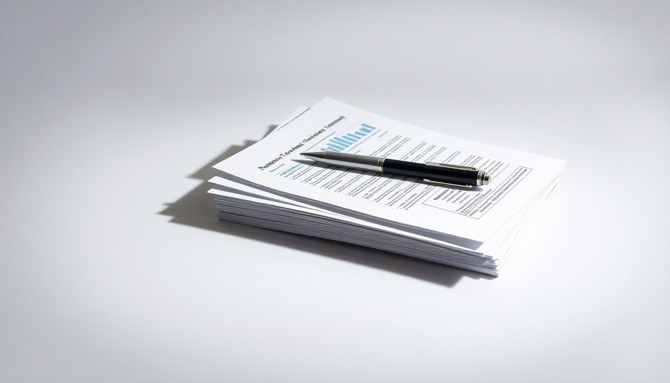 A minimalist, photorealistic studio still-life photograph featuring a stack of financial reports and a pen on a clean, monochromatic background, representing the abstract concepts of corporate strategy and financial challenges.