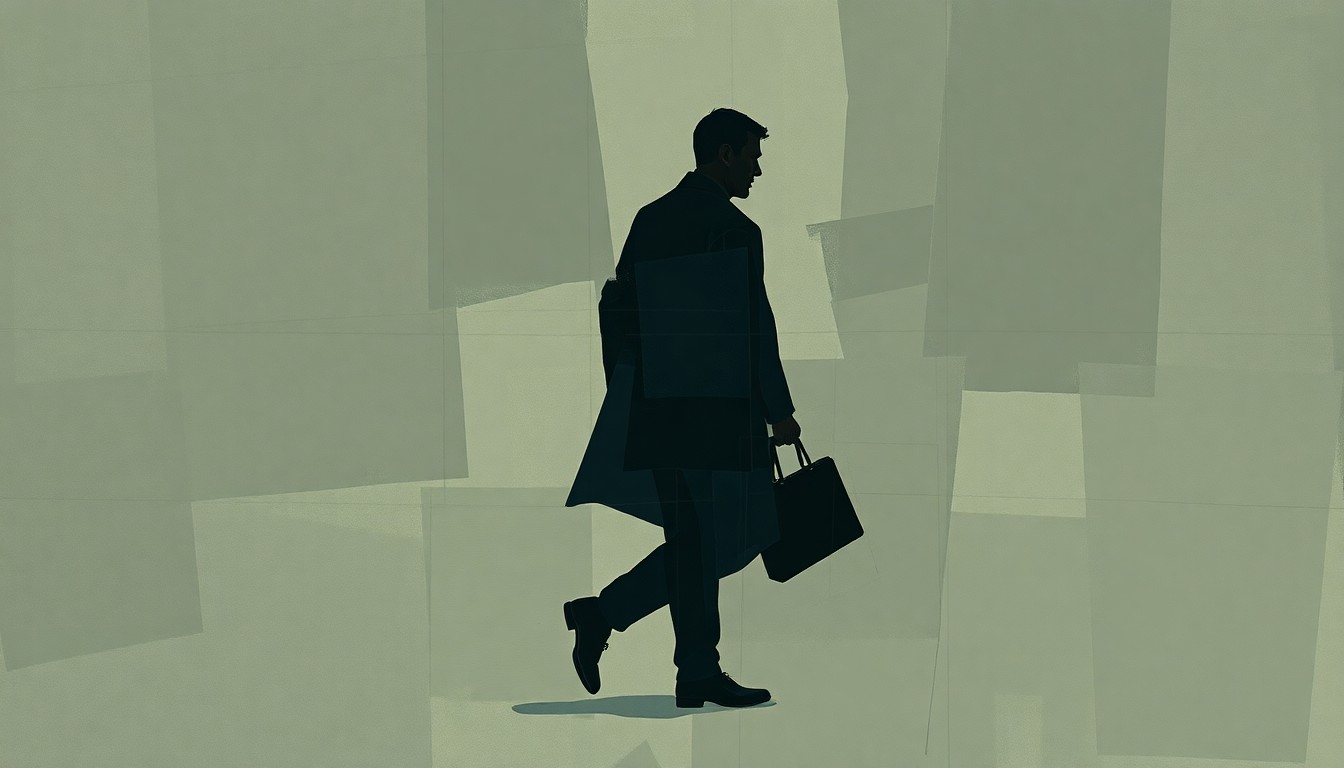 A fragmented, abstract painting depicting a shadowy government figure in motion, rendered in geometric shapes and muted colors, conceptually representing the complex tensions between national security and individual rights.