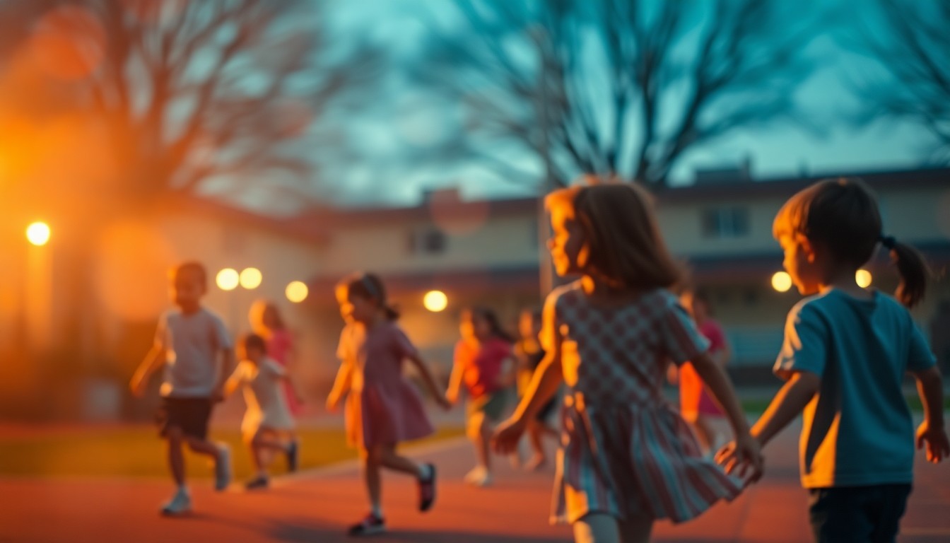 An abstract, out-of-focus photograph depicting children playing on a school playground, with warm, hazy pools of light and color creating a dreamlike, atmospheric quality that captures the emotional tone of the story.