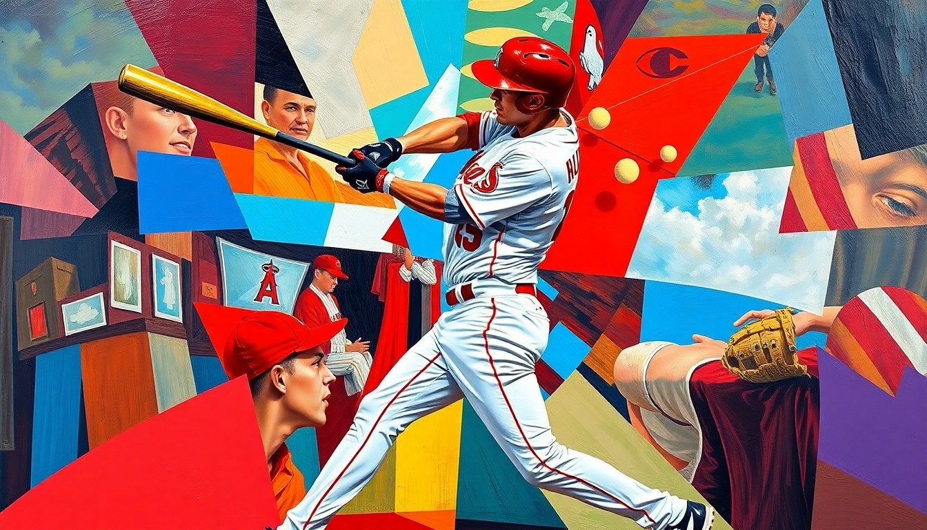 A fragmented, geometric painting depicting a baseball player in mid-swing, the ball and field blending into sharp, overlapping planes of color representing the Angels and Reds uniforms.