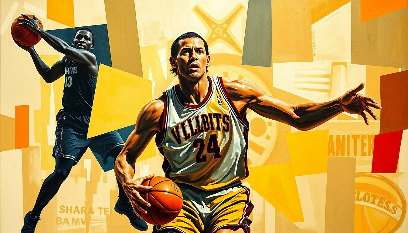 A fractured, cubist-style painting depicting the dynamic movements of a basketball player, with sharp geometric shapes and planes conveying the energy and intensity of the sport.