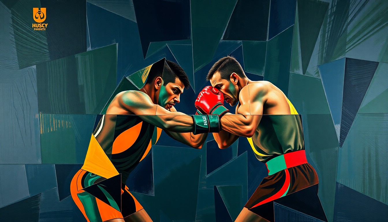 A fractured, cubist-style painting depicting the intense action and movement of a boxing match, with sharp geometric shapes and planes in deep navy, forest green, and burnt orange hues.
