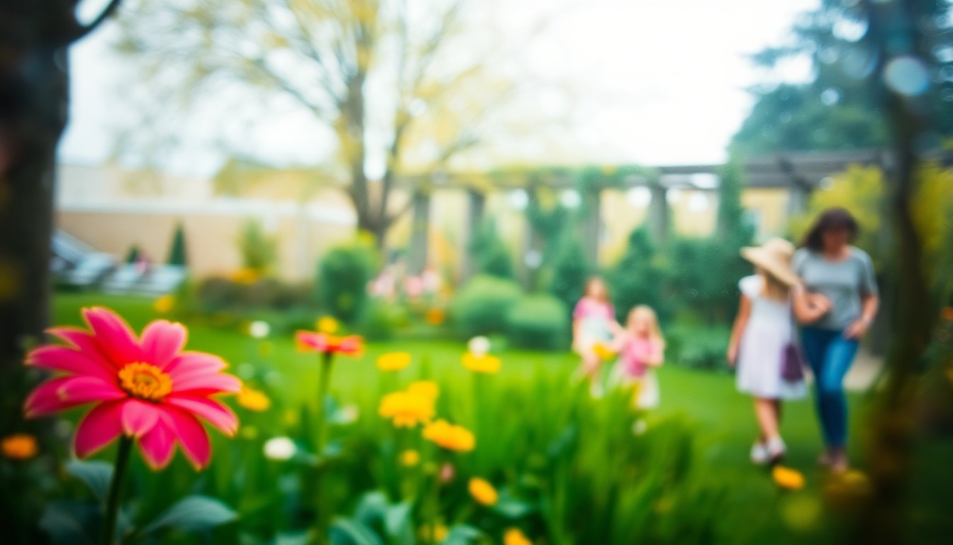 An impressionistic, out-of-focus photograph depicting a blurred scene of colorful spring flowers, verdant foliage, and silhouetted figures exploring an outdoor garden, conveying the celebratory and community-focused atmosphere of the annual Garden Fest event.
