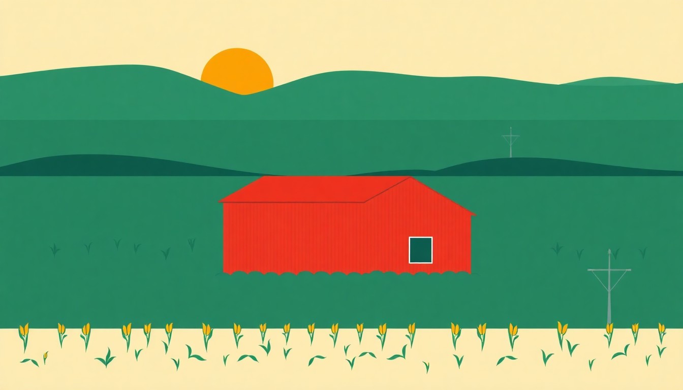 An abstract illustration using bold geometric shapes in primary colors to represent the economic pressures facing Midwest soybean farmers, including rising costs, low crop prices, and supply chain disruptions.