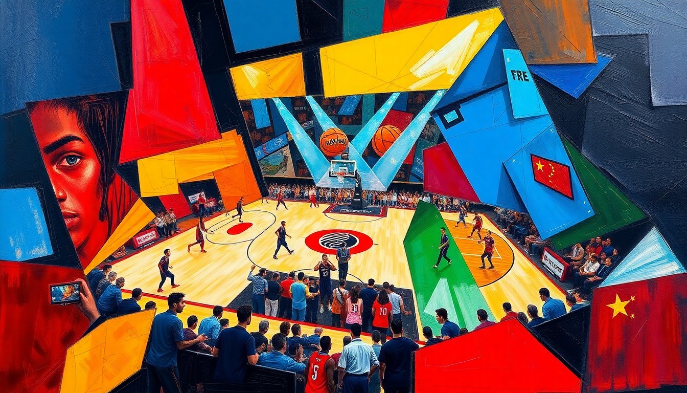A cubist, geometric painting depicting fragmented basketball players and draft prospects in a collage of overlapping shapes and bright colors, representing the complex tensions between international talent scouting and league regulations.