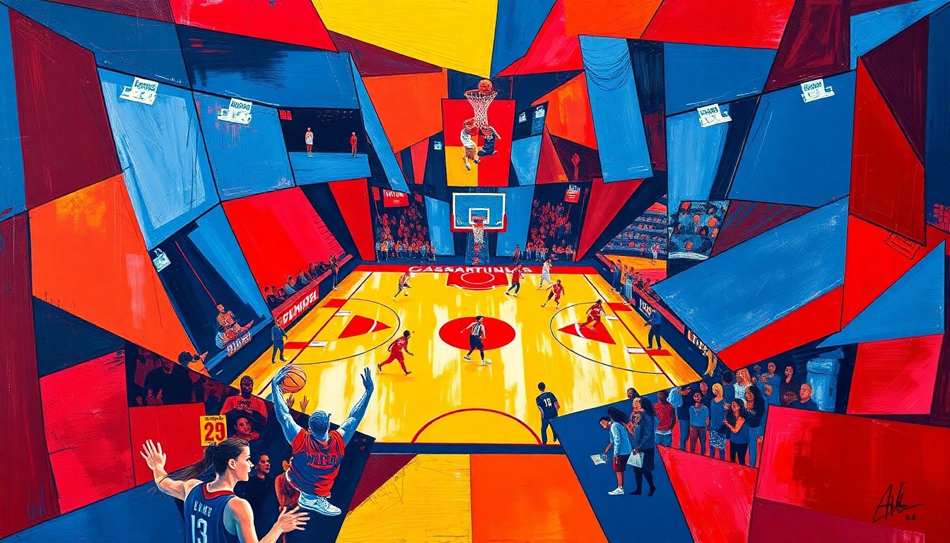 A cubist, geometric painting depicting a WNBA basketball game broken down into overlapping planes of color, conveying the dynamic energy and teamwork of professional women's basketball.