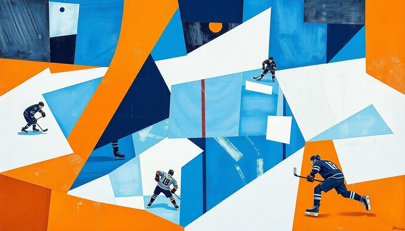 A cubist, geometric painting depicting a hockey game broken down into sharp, overlapping planes of blue, orange, and white, conveying the intensity and unpredictability of the Canucks' victory over the Ducks.