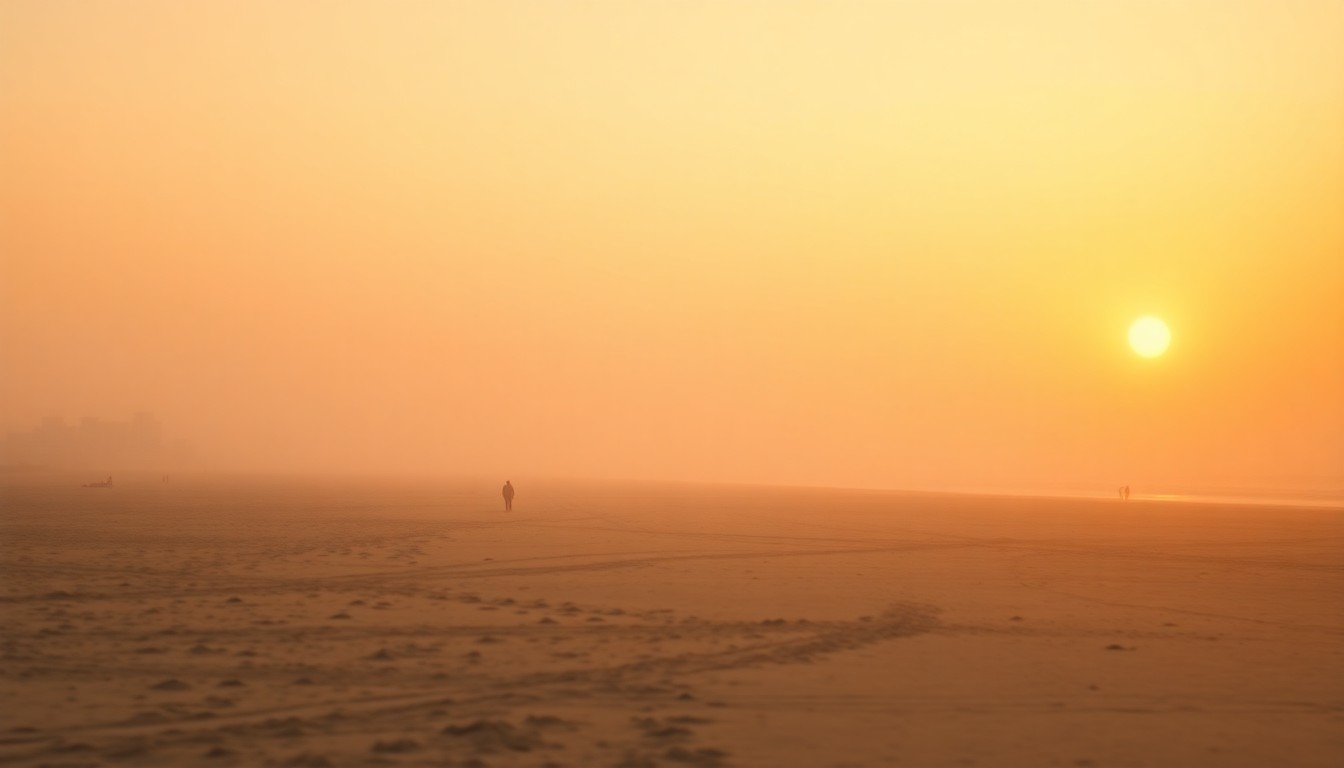 A soft, out-of-focus photograph of a nearly empty beach at sunset, with only a few people visible in the distance. The scene is bathed in warm, hazy light, creating a dreamlike, melancholic atmosphere that evokes the fading vibrancy of a community gathering.
