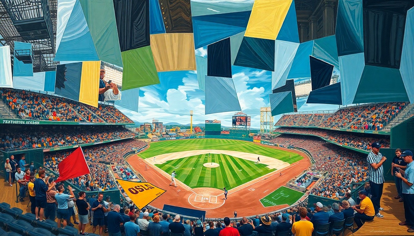 A cubist-style painting depicting a baseball game broken down into overlapping geometric shapes and planes, capturing the dynamic motion and energy of the sport in an abstract, fragmented style.