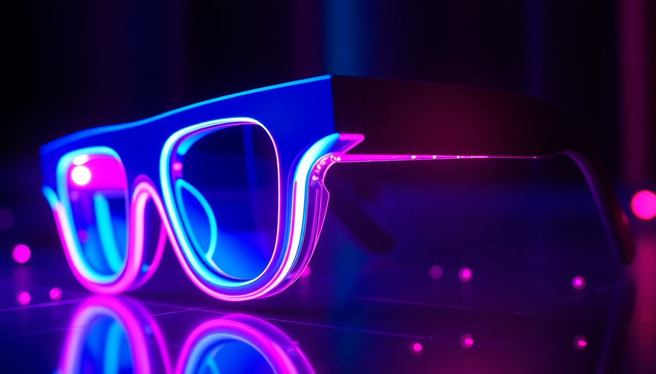 A highly detailed, glowing 3D illustration of a futuristic AR glasses frame with intricate, illuminated components, representing the advanced technology powering Snap's new Spectacles.