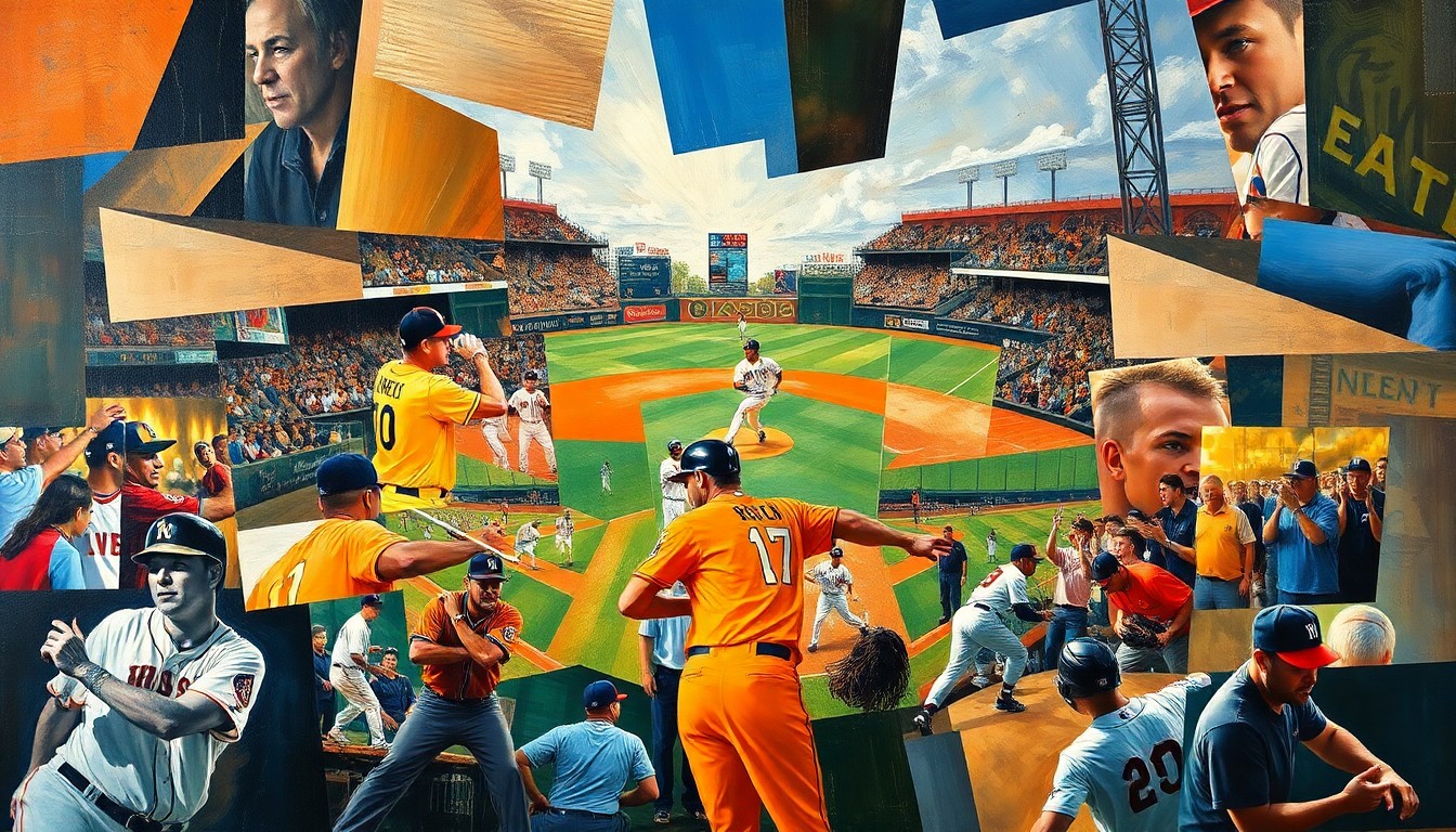A cubist-style painting depicting fragmented, overlapping geometric shapes and planes representing baseball players and a baseball field, conveying the complex and multifaceted nature of the Mariners' offseason decisions.