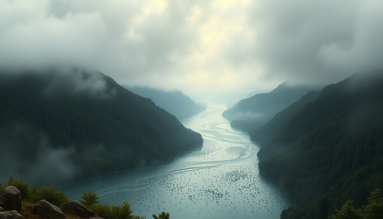A vast, atmospheric landscape painting in muted tones, with a winding river cutting through a misty valley. Swarms of tiny black flies are visible dotting the surface of the water, dwarfed by the overwhelming scale of the natural setting.