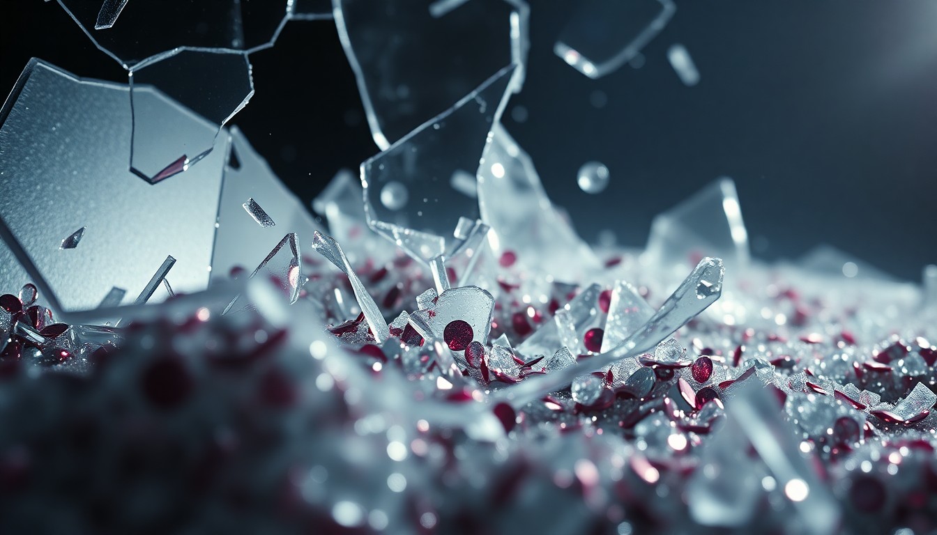 An abstract close-up image featuring shattered glass and glittering sequins, captured in dramatic, high-contrast studio lighting to convey the glamour and grit of the horror genre.