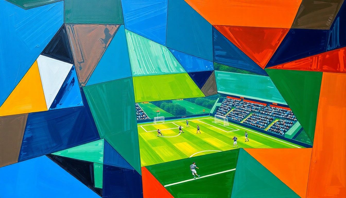 A fragmented, geometric painting in shades of blue, green, and orange, depicting the complex dynamics of a football player's contract dispute with his team.